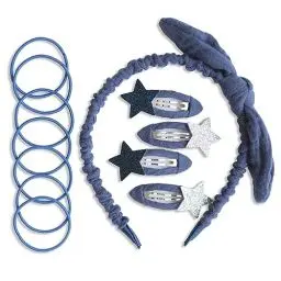 Produktbild: Papierdrachen Besonderes Haar Accessoires Set mit Haarreif, Glitzer-Haarspangen, Haargummis kombiniert mit hochwertigem Musselin Stoff - Dunkelblau - für Mädchen und Damen