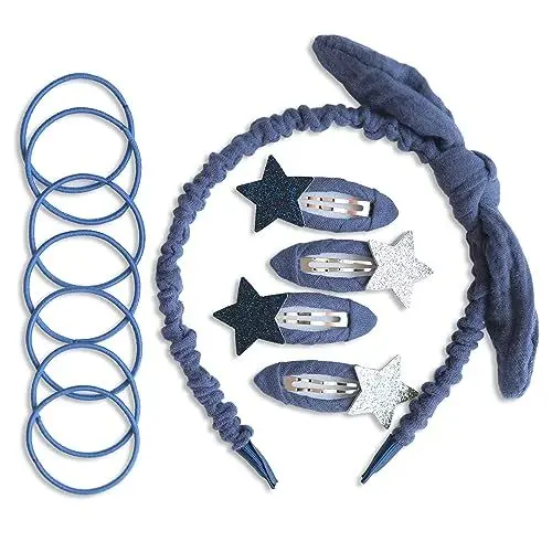 Produktbild: Papierdrachen Besonderes Haar Accessoires Set mit Haarreif, Glitzer-Haarspangen, Haargummis kombiniert mit hochwertigem Musselin Stoff - Dunkelblau - für Mädchen und Damen