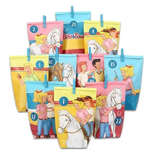 Produktbild: Papierdrachen DIY Adventskalender 2024 Bibi & Tina – Nachhaltige Papiertüten zum Befüllen – Geschenkidee inkl. 24 Klammern & Sticker – Kreativset zum Basteln für Weihnachten