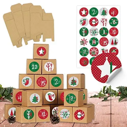 Produktbild: Papierdrachen DIY Adventskalender 2024 - zum Befüllen - 24 Kisten zum Basteln - Rot grün - 24 braune Schachteln aus 400g/m²-Karton zum Aufstellen und Dekorieren - Boxen - Weihnachten