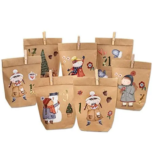 Produktbild: Papierdrachen DIY Adventskalender 2024 - zum Befüllen - Eisläuferin zum Aufkleben - mit 24 braunen Papiertüten und tollen Stickern für Kinder - Weihnachten