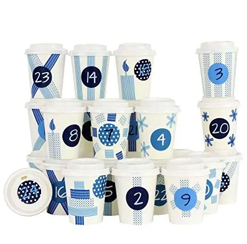 Produktbild: Papierdrachen DIY Adventskalender Kaffee-Becher - zum selber Basteln und Befüllen - mit blauem Washi Tape - 24 Coffee to Go Cups - Design Set 2
