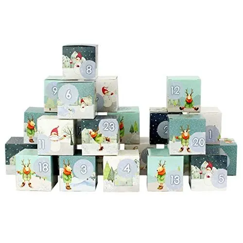Produktbild: Papierdrachen DIY Adventskalender zum Befüllen - Kisten Set - Motiv Weihnachtsdorf mit Rentieren/Schneemännern - 24 bunte Schachteln aus Karton zum Aufstellen und zum Befüllen - 24 Boxen - Weihnachten