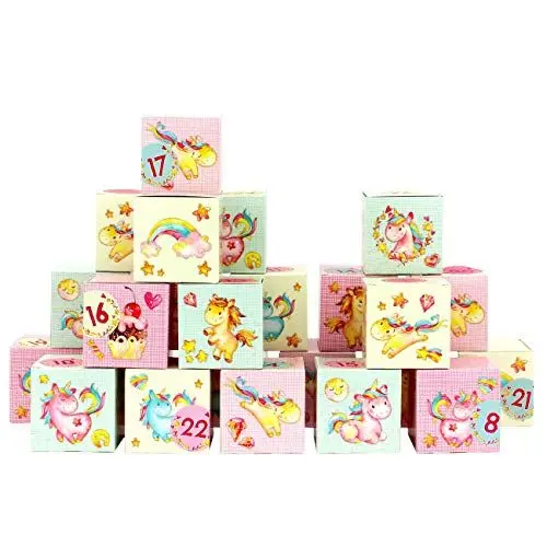 Produktbild: Papierdrachen DIY Adventskalender zum Befüllen - Kisten Set - Motiv bunte Einhörner in rosa - 24 bunte Schachteln aus Karton zum Aufstellen und zum Befüllen - 24 Boxen - Weihnachten