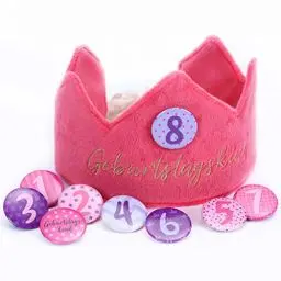 Produktbild: Papierdrachen Geburtstagskrone Samt mit Zahlen - Pink - für den Kindergeburtstag - Krone aus Samtstoff mit Button Zahlen von 1-8 | Party Deko Hut für Jungen & Mädchen - Set 2
