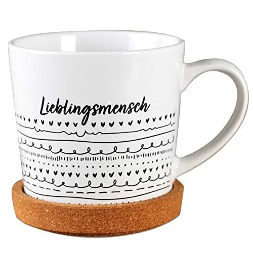Produktbild: Papierdrachen Hochwertige Tasse aus Keramik mit passendem Kork Untersetzer - Tischdeko - Kaffeetisch - Kaffeetasse - Lieblingsmensch - für Kaffee, Tee und mehr