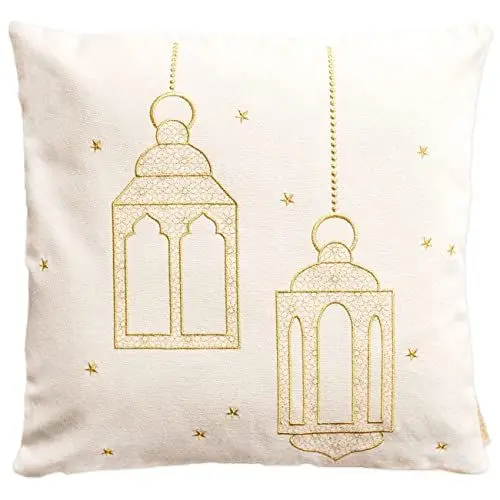 Produktbild: Papierdrachen Kissenbezug als Ramadan-Dekoration - hochwertig Gold-Bestickt mit Laternen-Motiv - in Grösse 40x40cm - saisonale Zuckerfest-Deko