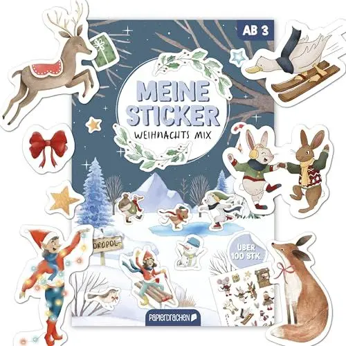 Produktbild: Papierdrachen Stickerblock Weihnachten Aquarell - über 100 Stück - Weihnachtsmix - weihnachtliche Motive - zum Sammeln und Geschenke verschönern - für Groß und Klein Set 01