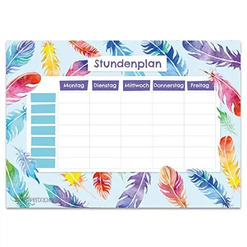 Produktbild: Papierdrachen Stundenplan DIN A4 Block - Motiv Federn - beschreibbar und ideal als Geschenk für Schule oder Uni - Terminkalender und Wochenplan für Jugendliche und Erwachsene