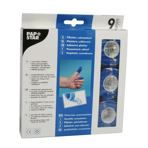Produktbild: Papstar Pflaster / Pflasterrolle blau (9 Rollen), 5 x 2.5 cm, latexfrei, selbsthaftend, rutschfest, atmungsaktiv, blutungsstillend, wasser- und fettabweisend, einfach abreißbar, #11087