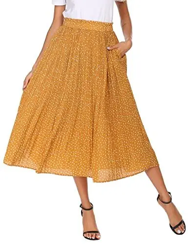 Produktbild: Parabler Rock Damen Midirock Hohe Taille Skirt Sommer Maxirock Elegant A-Line Langrock Casual Elastische Röcke mit Taschen Gelb M