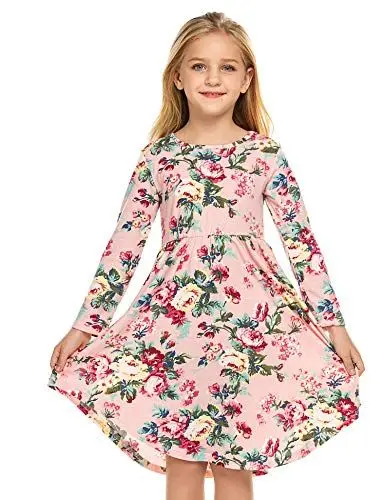Produktbild: Parabler Mädchen Kleid Langarm Blumenkleid Rosa Kinderkleid Swing Skaterkleid T-Shirt Kleider Freizeit Kleid A-Linie Rundhals Kinder Partykleid Festlich Kleid Herbst 150/12-13 Jahre
