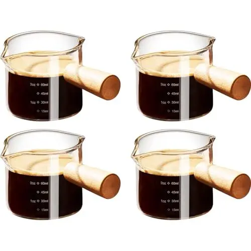 Produktbild: PARACITY Espressotassen mit Holzgriff, 4er-Set, Glas-Messbecher mit Doppelskala, Expresso Shots Becher mit V-förmigem Mund, Espresso Schnapsglas 100 ml