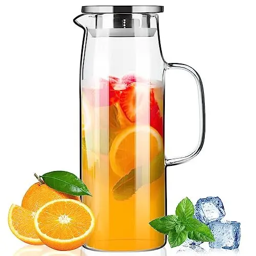 Produktbild: PARACITY Wasserkaraffe 1,5L, Karaffe mit Deckel und Ausgießer, Warm-/Kaltwasserkrug, Glaskaraffe für das Regal des Kühlschranks, Karaffe aus Borosilikatglas für Limonade, Saft und Milch
