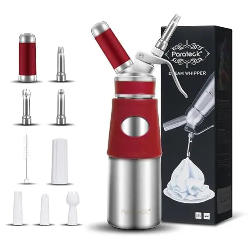 Produktbild: Parateck Sahnespender 500ml Schlagsahnebereiter Edelstahl Sahnesyphon mit Sprühdüsen Reinigungsbürste (Rot)
