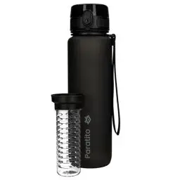 Produktbild: Paratito Trinkflasche mit Fruchteinsatz 1 L spülmaschinenfest, Kohlensäure geeignet, BPA-freies Tritan, Fitness Flasche 1 Liter für Gym, Fahrrad, Wasserflasche mit Geschmack (Fox Bottle schwarz)
