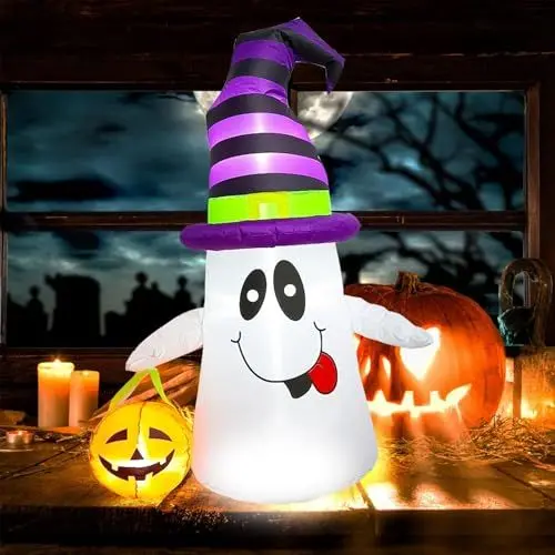Produktbild: PARAYOYO 120CM hoher aufblasbarer Halloween-Geist mit Hexenhut und Kürbislaternen-Dekoration, integrierte LED-Lichter, aufblasbarer Halloween-Geist für den Außenbereich, Hof- und Rasendekorationen