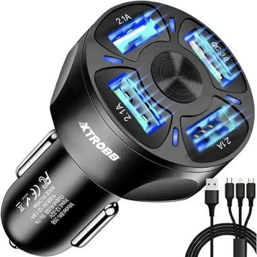 Produktbild: PARENCE.- USB-Autoladegerät, 4 Anschlüsse mit Micro-USB, Lightning, Typ C 3-Endiges Ladekabel im Lieferumfang enthalten/Zigarettenanzünder-Ladegerät mit intelligenter und ultraschneller 3.0-Funktion