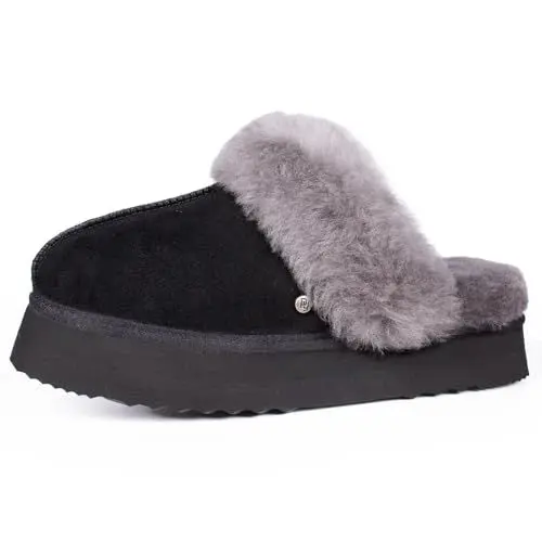Produktbild: Parfeying Damen-Pantoletten aus Lamm- und Schafsfell mit Plateau, Memory-Schaum-Lammfell Neuester Street Style Modeschuh für drinnen und draußen, L24622 Schwarz W40