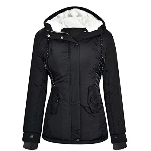 Produktbild: Parka Damen üBergangsjacke Ledermantel Damen Langarm-Fleecejacke mit Kapuze für Damen -verdickte Baumwolljacke mit Kapuze üBergangsmantel Damen üBergangsjacken Damen (Black, XL)