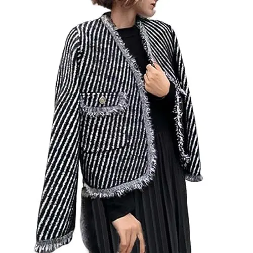 Produktbild: Parka Damen üBergangsjacke Trenchcoat Damen Gestrickter, gestreifter, strukturierter, einreihiger Cardigan-Fleecemantel für Damen im und Winter mit doppelter Strickjacke Damen Kurz (Black, XL)