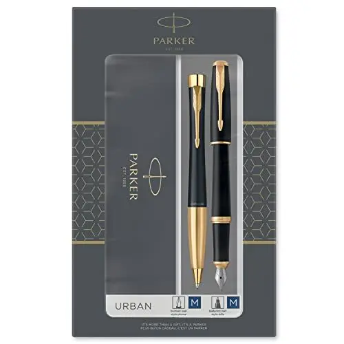 Produktbild: Parker Urban Duo-Geschenkset mit Kugelschreiber und Füller schwarz-goldene Zierteile Nachfüllmine und -patronen mit blauer Tinte Geschenkbox
