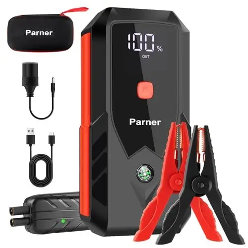 Produktbild: Parner 3000A Starthilfe Powerbank, 12V Auto Starthilfe, Tragbarer Batterie Booster Starter mit USB-Schnellladung, Geeignet für Benzin- und Dieselmotoren bis 8L, Mit LED-Licht und LCD-Display