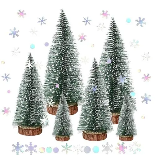 Produktbild: ParPix Mini Weihnachtsbaum Schneeflocken Konfetti Deko Set,3 Größe Mini Tannenbaum Deko+Streudeko Schneeflocken,6 Stk Deko Weihnachtsbaum Klein,Tischdeko Weihnachten Tannenbaum,Kleine Tannenbäume Deko
