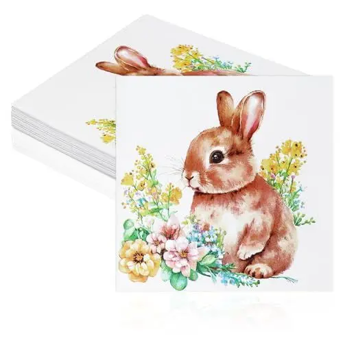 Produktbild: Party Servietten, Osternhase 3-lagig Papier Servierten, Kaninchen und Blumen 20 Stück Abendessen-Servietten 33x33cm Papierserviette