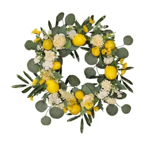 Produktbild: PartyKindom Künstlicher Blumenkranz Türkränze Thematisiert Eukalyptus Obst Zitronen-türkranz Anlage Ästhetisch Party Zitronen-Themen-außendekoration Tür Kranz Baum Gitter Korb Rattan Yellow