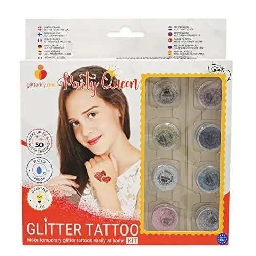 Produktbild: Partykönigin Glitzer-Tattoo-Set mit biologisch abbaubarer Glitzer – Hergestellt in der EU, kosmetische Qualität – Glitzer-Tattoo-Set für Mädchen, für Kinder, gut für die Umwelt