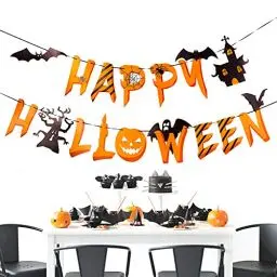 Produktbild: PartyWoo Happy Banner Horror mit Fledermaus, Geist, Dekoration Girlande für Halloween Party Deko Kinderparty, Spukhaus, Schwarz/Orange
