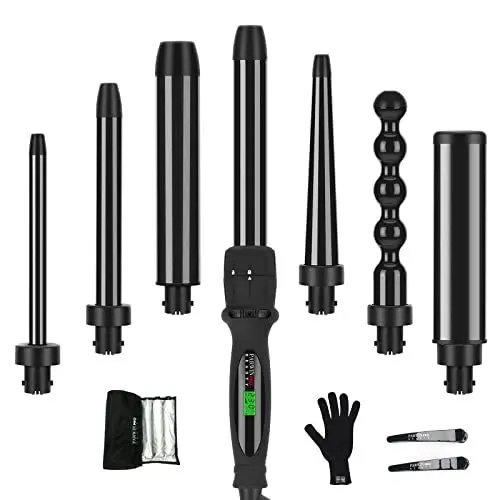 Produktbild: Parwin Pro Beauty Lockenstab, 7-in-1, professionelle Haarstyling-Geräte und Styling-Werkzeuge, Lockenstab aus Keramik mit 7 Heizstäben, 100 – 230 °C, LCD-Display