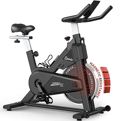 Produktbild: PASYOU Heimtrainer Fahrrad mit Magnetischer Widerstand, Fitnessbike Riemenantrieb, LCD Monitor mit RPM, IPad-Halterung Hometrainer 150 kg Belastbar Schwarz
