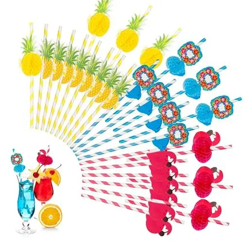 Produktbild: PATAZOK 36 Stk. Cocktail Strohhalme 3d,3D Papier Trinkhalme,Biologisch Abbaubare Bunt Papierstrohhalme Hawaii Deko Flamingo Halme Ananas für Luau Pool Party Tropische Sommer Tischdeko Getränke