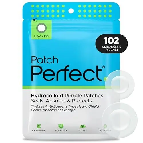 Produktbild: PATCH PERFECT® Pickel Patch (102 Stück) Unsichtbare Hydrokolloid Pimple Patches, Absorbierendes Anti-Akne Pflaster, Hautpflege Cosmetics Behandlung - 2 Größen für Gesicht