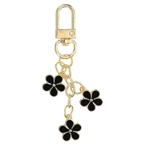 Produktbild: PATIKIL Blumen-Schlüsselanhänger-Anhänger, niedlicher emaillierter Schlüsselanhänger mit Blumenmotiv und Karabinerhaken für Geschenke, Handtaschen- und Taschen-Dekoration, Schwarz