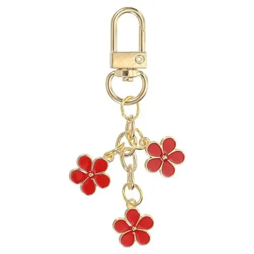 Produktbild: PATIKIL Blumen-Schlüsselanhänger-Anhänger, niedlicher emaillierter Schlüsselanhänger mit Blumenmotiv und Karabinerhaken für Geschenke, Handtaschen- und Taschen-Dekoration, dunkelrot