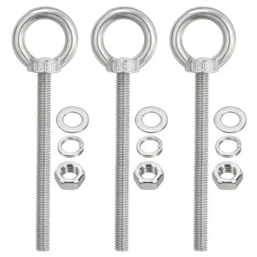 Produktbild: PATIKIL M8 x 100mm Hebeschulter Augenschraube, 3 Stück 304 Edelstahl Gewindeöse mit Muttern und Unterlegscheiben zum Aufhängen von Hängematten und Artikeln