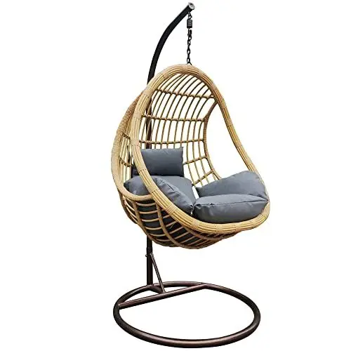 Produktbild: PATIO Hängesessel Boho mit Gestell Hängestuhl Indoor Outdoor bis 120 kg graue Auflage und Kopfkissen brauner Korb aus Polyrattan braunes Stahlgestell Eduard beige