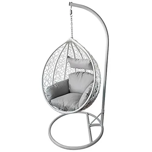 Produktbild: PATIO Hängesessel Gestell 120 kg Hängestuhl Indoor Outdoor mit graue Auflage und Kopfkissen Korb aus Polyrattan weiß Stahlgestell Fabien Weiß