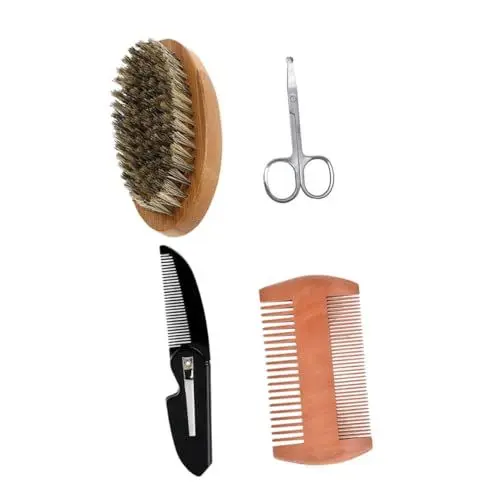Produktbild: PATKAW 1 Set Bartpflegeset Für Männer, Holzkamm, Borstenbürste, Schere Für Schnurrbart Und Bartpflege, Holzbartkamm Für Männer, Holzbartkamm Für Männer
