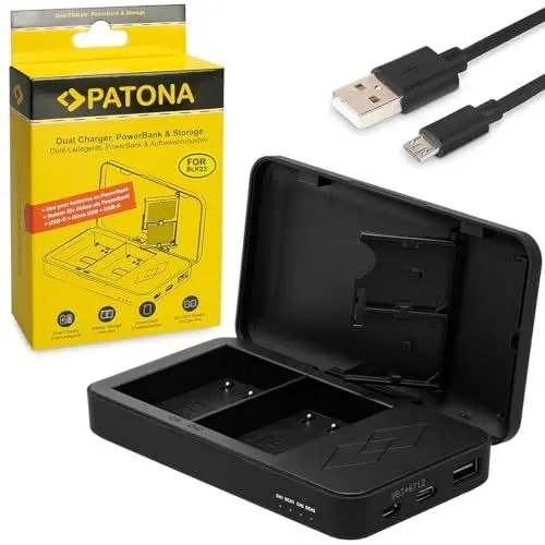 Produktbild: PATONA Dual Ladegerät für DMW-BLK22 BLK22E Akkus Kompatibel mit Panasonic Lumix DC-S5 S5 II S5K G9 DC-GH5 II GH6 GH7 Akkulader mit Powerbank Funktion & Speicherkarten Aufbewahrung