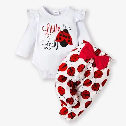 Produktbild: PATPAT Baby Kleidung, 3Pcs Baby Kleidung Mädchen mit Strampler Langarm + Hose mit Marienkäfermuster + Stirnband Bekleidungssets, Baby Weihnachtsoutfit, Weihnachtskleid Mädchen 0-24 Monate 55-89 cm
