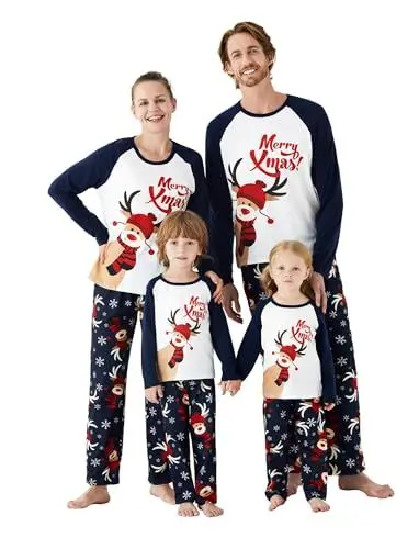 Produktbild: PATPAT Familie Passende Weihnachten Pyjamas Baum Schneeflocke und Buchstaben Drucken Nachtwäsche Langarm Pyjamas Sets Familie Xmas Outfits Dunkelblau Kinder: 8-9 Jahre