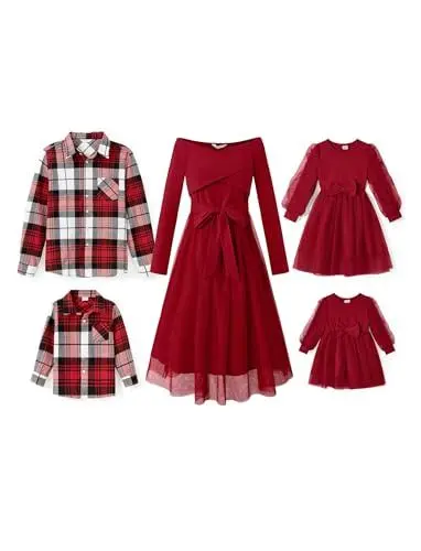 Produktbild: PATPAT Familien Outfit Set Langarm - Partnerlook Mutter Tochter Kleid,Mama Kind Kleider Prinzessin Festlich,Eltern Kind Outfit,Family Matching Passende Outfits,Herbst & Frühling-Damen:M