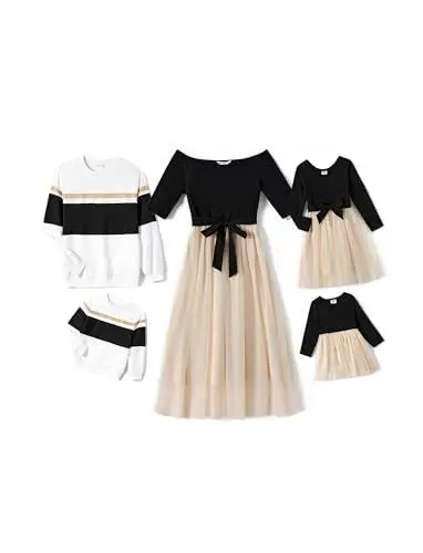 Produktbild: PATPAT Familien Outfit Set Langarm - Partnerlook Mutter Tochter Kleid Langarm T-Shirt & Mutter Kind Kleider Mama Tochter Kleidung für Herbst & Frühling, Schwarz, Mädchen: 4-5 Jahre