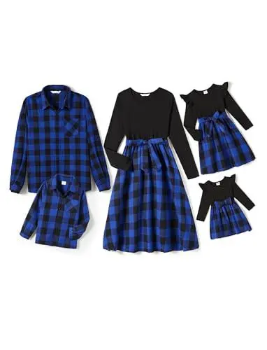 Produktbild: PATPAT Familienoutfit Karo Familienporträts (Hemd + Kleid), Mutter Tochter Outfit Mama Partnerlook, Mommy and Me, Fotografie Reisen Versammlungen Familienrituale, BlauDamenM