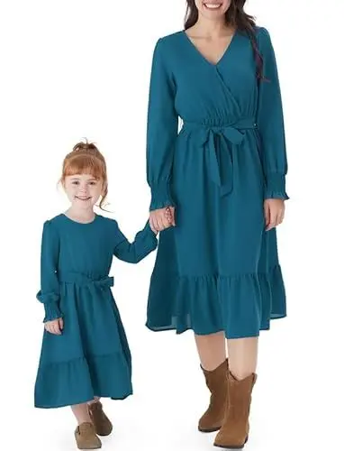 Produktbild: PATPAT Mutter Tochter Kleid Set Langarm Stitching Einfarbig Familienoutfits, Kleider für Mädchen Partnerlook, Mama Tochter Strandkleid, Mutter Baby Partnerlook, Grün Damen: L