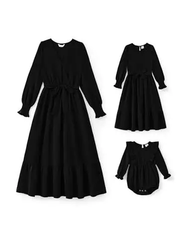 Produktbild: PATPAT Mutter Tochter Kleid Set Langarm Stitching Einfarbig Familienoutfits, Kleider für Mädchen Partnerlook, Mama Tochter Strandkleid, Mutter Baby Partnerlook, Schwarz, Damen: M
